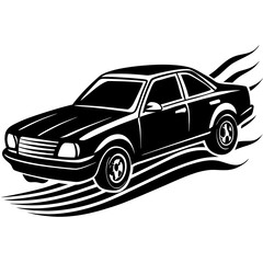 Fototapeta premium Black and white illustration of a car with stylized speed lines and flames automobile vehicle