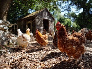 Chickens Peck Around A Farmyard Lit With Patches Of Sun