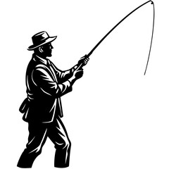 Fisherman holding a bent fishing rod with a taut line Keywords: fisherman, fishing, rod, holding, bent, taut, line, angling, hobby, sport, recreation, outdoors, water, activity, silhouette, black