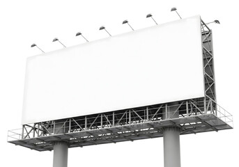 Obraz premium Large blank billboard isolated on white background, empty outdoor advertising board with lights for commercial promotion, marketing, brand awareness, street advertising, and public display banner