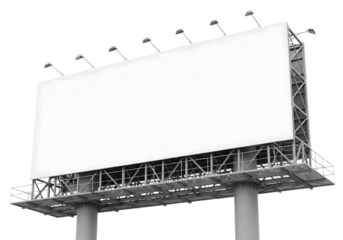 Large blank billboard isolated on white background, empty outdoor advertising board with lights for commercial promotion, marketing, brand awareness, street advertising, and public display banner