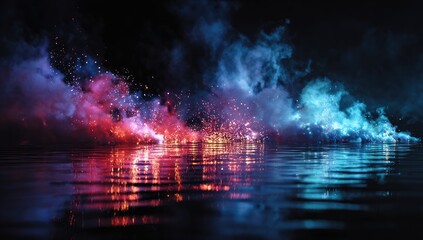 Vivid red and blue smoke and sparks reflected on a dark, still water surface, creating a dramatic and fantastical scene