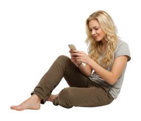 Young woman engaged in smartphone use while sitting on floor in cozy indoor setting isolated on transparent background