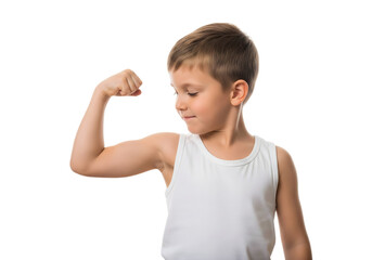 Confident young boy flexing bicep muscle in sleeveless white shirt isolated on white background, strong child showing strength, fitness, energy, health, determination, and active childhood lifestyle
