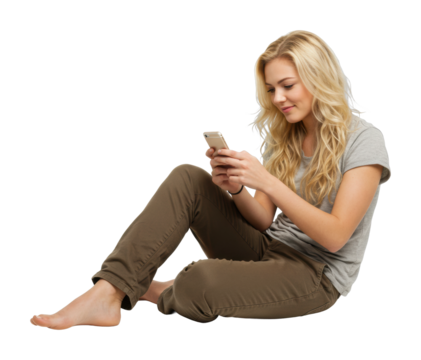 Young woman engaged in smartphone use while sitting on floor in cozy indoor setting isolated on transparent background