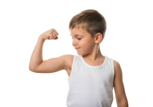 Confident young boy flexing bicep muscle in sleeveless white shirt isolated on white background, strong child showing strength, fitness, energy, health, determination, and active childhood lifestyle