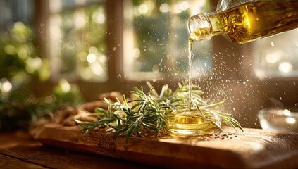 Golden oil pours from a glass bottle onto rosemary sprigs resting on a rustic wooden board, backlit by a sunlit window
