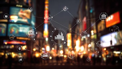 Blurry cityscape with interconnected graphic icons