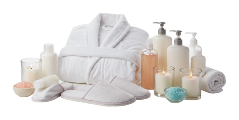 Relaxation essentials spa day at home lifestyle beauty products calm environment flat lay display isolated on transparent background