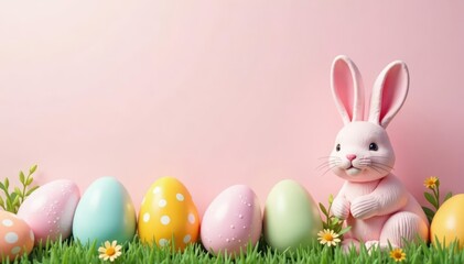 Obraz premium Pastel Easter eggs & bunnies on light background, floral, happy