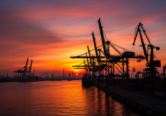Obraz premium Sunset Port Cranes Cargo Shipping Industry