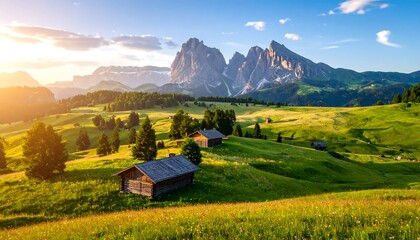 Picturesque alpine valley with wooden chalets under a vibrant sunrise.