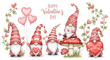 Whimsical Valentine's Day Gnomes with Hearts, Balloons, and Mushroom House Illustration