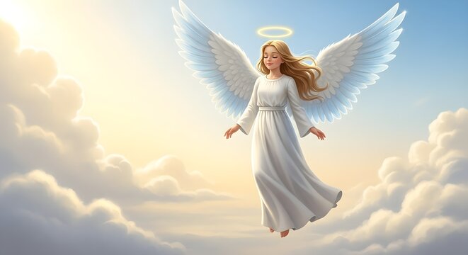 Ethereal Blonde Angel with a Golden Halo Floating Peacefully in Sunlit Heavenly Clouds