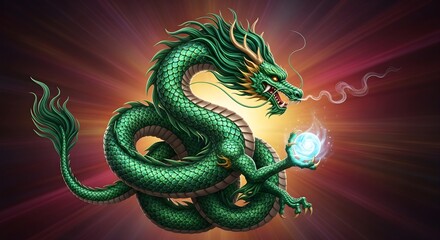 Majestic Emerald Dragon Coiled in Golden Radiance, Holding a Swirling Mystic Orb