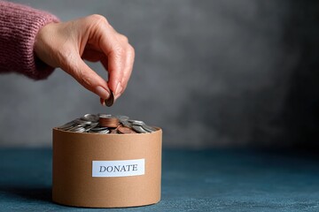 Hand placing coins into a donation box, contributing to a meaningful cause and supporting efforts for positive change in the community