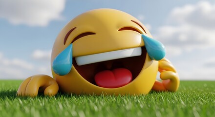 3D Render of Laughing Emoji on Grass, Tears of Joy, Sky Background.