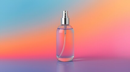 Naklejka premium Transparent cosmetic spray bottle on colorful gradient background with pink, orange, and blue light, symbolizing beauty product, fragrance, skincare, modern branding, and elegant design