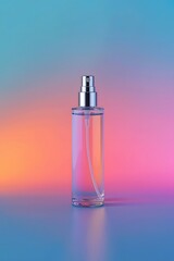 Naklejka premium Transparent cosmetic spray bottle on colorful gradient background with pink, orange, and blue light, symbolizing beauty product, fragrance, skincare, modern branding, and elegant design