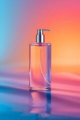 Fototapeta premium Transparent cosmetic spray bottle on colorful gradient background with pink, orange, and blue light, symbolizing beauty product, fragrance, skincare, modern branding, and elegant design