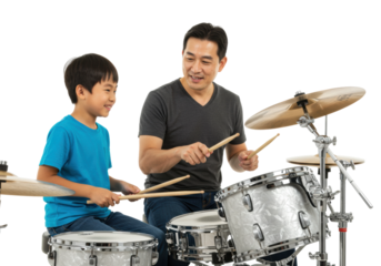 Father and son drumming together at home music practice session joyful learning experience isolated on transparent background