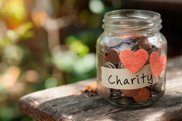 Coins inside a glass jar labeled charity with two hearts symbolizing volunteering and donations