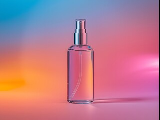 Fototapeta premium Transparent cosmetic spray bottle on colorful gradient background with pink, orange, and blue light, symbolizing beauty product, fragrance, skincare, modern branding, and elegant design