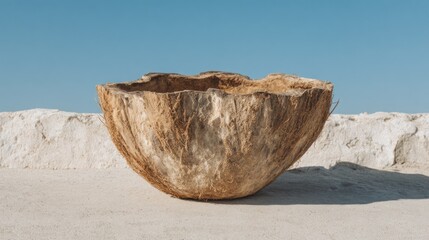 A large coconut shell bowl on a sandy surface with a white background and blue sky