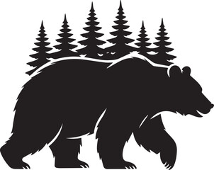 minimalist bear walking silhouette with pine forest backdrop black and white vector illustration ai eps jpeg png