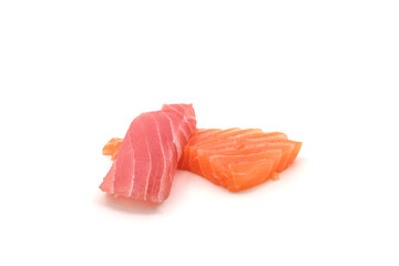 Sashimi made from salmon and tuna on a white background.