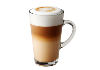 Delicious three layer latte with latte art, served in glass mug, on transparent background