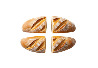 Four slices of sourdough bread creating a circle pattern, top-down view on transparent background