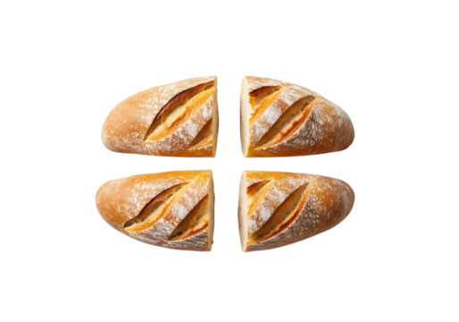 Four slices of sourdough bread creating a circle pattern, top-down view on transparent background