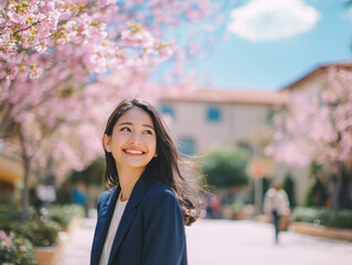 キャリアのスタートを象徴する桜の花とビジネススーツ姿の女性