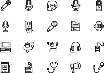 Fototapeta premium Collection of audio and medical equipment icons in black outline style microphone headset