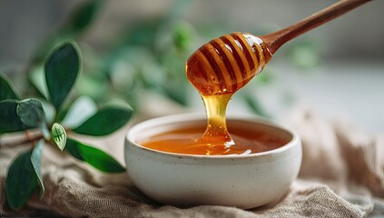 Golden honey drips from a wooden dipper into a small, white bowl, resting on a linen cloth near verdant foliage