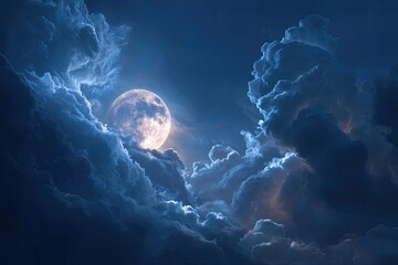 Full moon piercing through dark clouds
