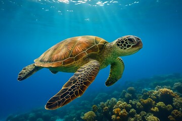 Fototapeta premium graceful sea turtle swimming in crystal clear water with corals below, underwater world captured in stunning detail
