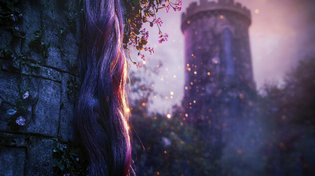 A whimsical depiction of Rapunzel's long hair cascading from a tower