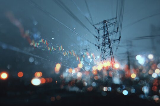 Night power lines with financial data overlay