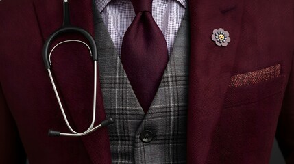 Close-up of a stylish doctor wearing a burgundy suit with tie, waistcoat, and stethoscope, symbolizing professionalism, healthcare, fashion, and medical leadership in modern practice