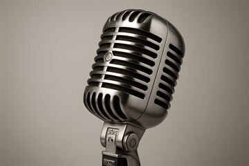 vintage shure microphone close up, shiny metallic finish, retro design with classic aesthetic, professional recording studio gear, high resolution image.