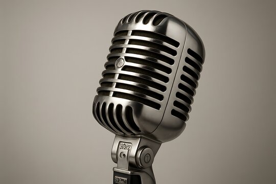 vintage shure microphone close up, shiny metallic finish, retro design with classic aesthetic, professional recording studio gear, high resolution image.