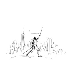 Sketch of a warrior with two swords standing triumphantly against the backdrop of a city skyline view