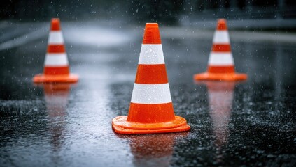 Three traffic cones on a wet asphalt road in the rain
