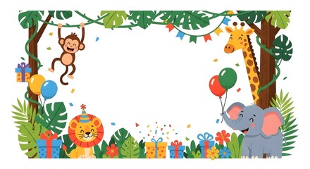 Cartoon jungle birthday frame kids, empty space, digital invitation design