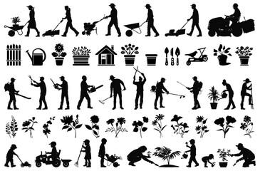 Gardening Silhouettes Pack: A diverse collection of silhouettes showcasing various gardening activities and tools, from planting to maintenance and harvesting.