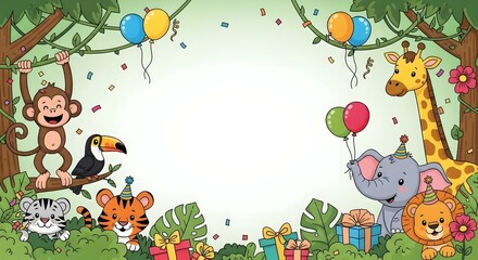 Cartoon jungle birthday frame kids, empty space, digital invitation design