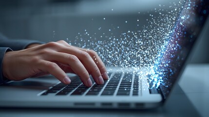 Creative digital concept of technology innovation with sparkling particles emerging from human hands typing on a modern laptop keyboard, symbolizing data, coding, and virtual network