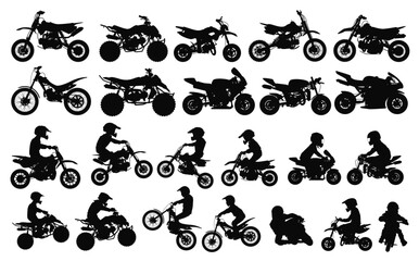 Fototapeta premium Motorcycle Silhouettes Collection: A diverse collection of detailed motorcycle silhouettes, showcasing a variety of models in different poses, perfect for design projects. 